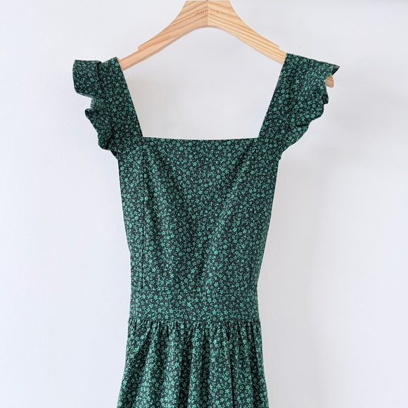 Zara Green Floral Midi Dress Ruffle Strap Square Neck Cottagecore Size S - Picture 3 of 16